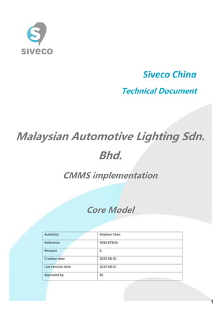 Siveco China
Technical Document
Malaysian Automotive Lighting Sdn.
Bhd.
CMMS implementation
Core Model
Author(s) Stephen Chen
Reference F043 879CN
Revision A
Creation date 2022-08-01
Last revision date 2022-08-01
Approved by BC
1
 