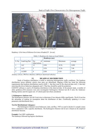 Study of Traffic Flow Characteristics For Heterogeneous Traffic
International organization of Scientific Research 45 | P a g e
Figure 8: Lead-lag pair
Headway= (Exit time of follower-Exit time of leader)/25 (in sec)
Table 2: Headways for Autos as Lead Vehicle
Headways (sec)
S. No. Lead-Lag Pair No. of
observations
minimum Maximum average
1 A-C 12 0.96 10.76 3.893
2 A-A 2 0.56 14.36 7.46
3 A-LMV 6 0.96 6.36 3.873
A(Auto), C(Car), TW(Two wheeler), LMV(Low motorized vehicles)
VI. HEADWAY DISTRIBUTION
Study of headway distribution is useful in analyzing heterogeneous traffic conditions. The headway
distributions across different vehicle class pairs are determined. Hagring (1996) has listed the following
requirements that headway distributions need to fulfil: 1. that they must fit the observed data well, 2. that they
must describe driver behaviour adequately and 3. That they should be useful for prediction.
EASYFIT software is used to fit headway distribution to the observed data. In the present study, a number of
other goodness-of-fit measures were also investigated: Kolmogorov–Smirnov test (K–S test), the Anderson-
Darling statistic and Chi-square test. 25 vehicle pairs have been considered.
1. Kolmogorov–Smirnov test:
The Kolmogorov-Smirnov test (K-S test) tries to determine if two datasets differ significantly. The K-S test has
the advantage of making no assumption about the distribution of data. (Technically speaking it is non-
parametric and distribution free.)
Test for Distributional Adequacy:
The Kolmogorov-Smirnov test (Chakravart, Laha, and Roy, 1967) is used to decide if a sample comes
from a population with a specific distribution. The Kolmogorov-Smirnov (K-S) test is based on the empirical
distribution function.
Example: Car-LMV combination
The headways followed log-logisitc distribution
 