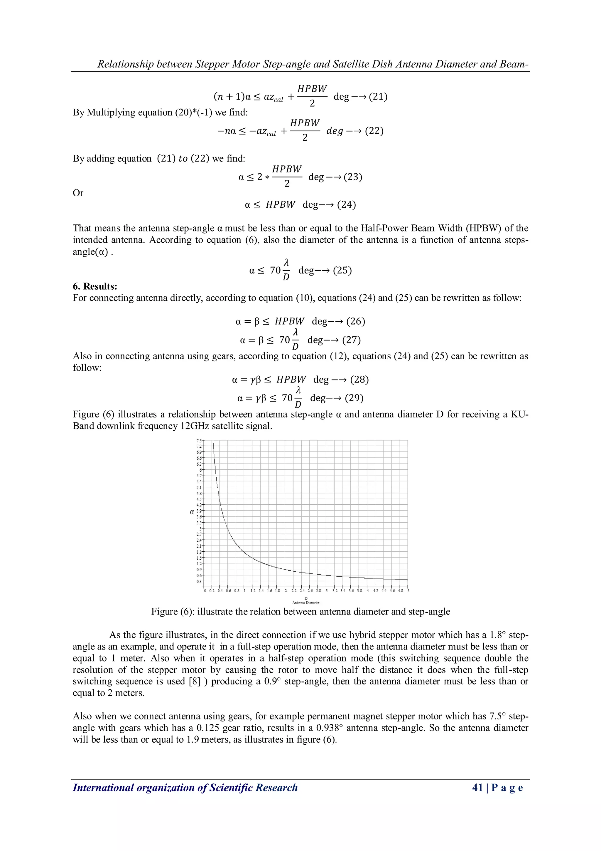 Relationship between Stepper Motor Step-angle and Satellite Dish Antenna Diameter and Beam-
International organization of Scientific Research 41 | P a g e
𝑛 + 1 α ≤ 𝑎𝑧𝑐𝑎𝑙 +
𝐻𝑃𝐵𝑊
2
deg −→ (21)
By Multiplying equation (20)*(-1) we find:
−𝑛α ≤ −𝑎𝑧𝑐𝑎𝑙 +
𝐻𝑃𝐵𝑊
2
𝑑𝑒𝑔 −→ (22)
By adding equation 21 𝑡𝑜 22 we find:
α ≤ 2 ∗
𝐻𝑃𝐵𝑊
2
deg −→ (23)
Or
α ≤ 𝐻𝑃𝐵𝑊 deg−→ (24)
That means the antenna step-angle α must be less than or equal to the Half-Power Beam Width (HPBW) of the
intended antenna. According to equation (6), also the diameter of the antenna is a function of antenna steps-
angle(α) .
α ≤ 70
𝜆
𝐷
deg−→ (25)
6. Results:
For connecting antenna directly, according to equation (10), equations (24) and (25) can be rewritten as follow:
α = β ≤ 𝐻𝑃𝐵𝑊 deg−→ (26)
α = β ≤ 70
𝜆
𝐷
deg−→ (27)
Also in connecting antenna using gears, according to equation (12), equations (24) and (25) can be rewritten as
follow:
α = 𝛾β ≤ 𝐻𝑃𝐵𝑊 deg −→ (28)
α = 𝛾β ≤ 70
𝜆
𝐷
deg−→ (29)
Figure (6) illustrates a relationship between antenna step-angle α and antenna diameter D for receiving a KU-
Band downlink frequency 12GHz satellite signal.
Figure (6): illustrate the relation between antenna diameter and step-angle
As the figure illustrates, in the direct connection if we use hybrid stepper motor which has a 1.8° step-
angle as an example, and operate it in a full-step operation mode, then the antenna diameter must be less than or
equal to 1 meter. Also when it operates in a half-step operation mode (this switching sequence double the
resolution of the stepper motor by causing the rotor to move half the distance it does when the full-step
switching sequence is used [8] ) producing a 0.9° step-angle, then the antenna diameter must be less than or
equal to 2 meters.
Also when we connect antenna using gears, for example permanent magnet stepper motor which has 7.5° step-
angle with gears which has a 0.125 gear ratio, results in a 0.938° antenna step-angle. So the antenna diameter
will be less than or equal to 1.9 meters, as illustrates in figure (6).
 