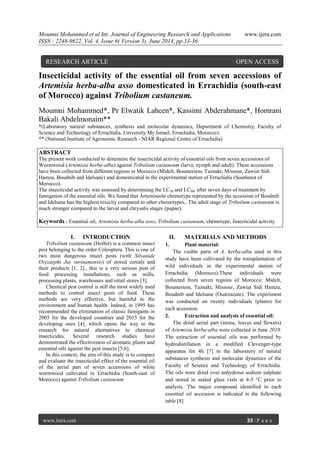 Moumni Mohammed et al Int. Journal of Engineering Research and Applications www.ijera.com
ISSN : 2248-9622, Vol. 4, Issue 6( Version 3), June 2014, pp.33-36
www.ijera.com 33 | P a g e
Insecticidal activity of the essential oil from seven accessions of
Artemisia herba-alba asso domesticated in Errachidia (south-east
of Morocco) against Tribolium castaneum.
Moumni Mohammed*, Pr Elwatik Lahcen*, Kassimi Abderahmane*, Homrani
Bakali Abdelmonaim**
*(Laboratory natural substances, synthesis and molecular dynamics, Department of Chemistry, Faculty of
Science and Technology of Errachidia, University My Ismail, Errachidia, Morocco).
** (National Institute of Agronomic Research - NIAR Regional Centre of Errachidia)
ABSTRACT
The present work conducted to determine the insecticidal activity of essential oils from seven accessions of
Wormwood (Artemisia herba-alba) against Tribolium castaneum (larva, nymph and adult). These accessions
have been collected from different regions in Morocco (Midelt, Boumeriem, Taznakt, Missour, Zawiat Sidi
Hamza, Boudnib and Idelsane) and domesticated in the experimental station of Errachidia (Southeast of
Morocco).
The insecticidal activity was assessed by determining the LC50 and LC90, after seven days of treatment by
fumigation of the essential oils. We found that Artemiseole chemotype represented by the accession of Boudnib
and Idelsane has the highest toxicity compared to other chemotypes,. The adult stage of Tribolium castaneum is
much stronger compared to the larval and chrysalis stages (pupae).
Keywords - Essential oil, Artemisia herba-alba asso, Tribolium castaneum, chémotype, Insecticidal activity.
I. INTRODUCTION
Tribolium castaneum (Herbst) is a common insect
pest belonging to the order Coleoptera. This is one of
two most dangerous insect pests (with Silvanide
Oryzaephi Jus surinamensis) of stored cereals and
their products [1, 2]., this is a very serious pest of
food processing installations, such as mills,
processing plants, warehouses and retail stores [3].
Chemical pest control is still the most widely used
methods to control insect pests of food. These
methods are very effective, but harmful to the
environment and human health. Indeed, in 1995 has
recommended the elimination of classic fumigants in
2005 for the developed countries and 2015 for the
developing ones [4], which opens the way to the
research for natural alternatives to chemical
insecticides. Several research studies have
demonstrated the effectiveness of aromatic plants and
essential oils against the pest insects [5;6].
In this context, the aim of this study is to compare
and evaluate the insecticidal effect of the essential oil
of the aerial part of seven accessions of white
wormwood cultivated in Errachidia (South-east of
Morocco) against Tribolium castaneum
II. MATERIALS AND METHODS
1. Plant material:
The visible parts of A. herba-alba used in this
study have been cultivated by the transplantation of
wild individuals in the experimental station of
Errachidia (Morocco).These individuals were
collected from seven regions of Morocco: Midelt,
Boumeriem, Taznakt, Missour, Zawiat Sidi Hamza,
Boudnib and Idelsane (Ouarzazate). The experiment
was conducted on twenty individuals (plants) for
each accession.
2. Extraction and analysis of essential oil:
The dried aerial part (stems, leaves and flowers)
of Artemisia herba-alba were collected in June 2010.
The extraction of essential oils was performed by
hydrodistillation in a modified Clevenger-type
apparatus for 4h [7] in the laboratory of natural
substances synthesis and molecular dynamics of the
Faculty of Science and Technology of Errachidia.
The oils were dried over anhydrous sodium sulphate
and stored in sealed glass vials at 4-5 °C prior to
analysis. The major compound identified in each
essential oil accession is indicated in the following
table [8]
RESEARCH ARTICLE OPEN ACCESS
 