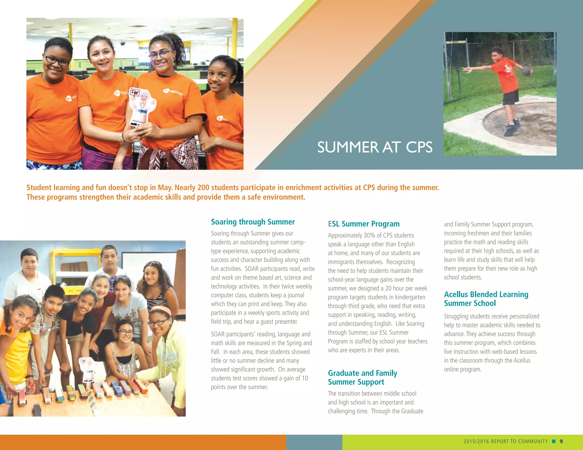 2015/2016 REPORT TO COMMUNITY n 9
Student learning and fun doesn’t stop in May. Nearly 200 students participate in enrichment activities at CPS during the summer.
These programs strengthen their academic skills and provide them a safe environment.
Soaring through Summer
Soaring through Summer gives our
students an outstanding summer camp-
type experience, supporting academic
success and character building along with
fun activities. SOAR participants read, write
and work on theme based art, science and
technology activities. In their twice weekly
computer class, students keep a journal
which they can print and keep.They also
participate in a weekly sports activity and
field trip, and hear a guest presenter.
SOAR participants’ reading, language and
math skills are measured in the Spring and
Fall. In each area, these students showed
little or no summer decline and many
showed significant growth. On average
students test scores showed a gain of 10
points over the summer.
ESL Summer Program
Approximately 30% of CPS students
speak a language other than English
at home, and many of our students are
immigrants themselves. Recognizing
the need to help students maintain their
school-year language gains over the
summer, we designed a 20 hour per week
program targets students in kindergarten
through third grade, who need that extra
support in speaking, reading, writing,
and understanding English. Like Soaring
through Summer, our ESL Summer
Program is staffed by school year teachers
who are experts in their areas.
Graduate and Family
Summer Support
The transition between middle school
and high school is an important and
challenging time. Through the Graduate
and Family Summer Support program,
incoming freshmen and their families
practice the math and reading skills
required at their high schools, as well as
learn life and study skills that will help
them prepare for their new role as high
school students.
Acellus Blended Learning
Summer School
Struggling students receive personalized
help to master academic skills needed to
advance.They achieve success through
this summer program, which combines
live instruction with web-based lessons
in the classroom through the Acellus
online program.
SUMMER AT CPS
 