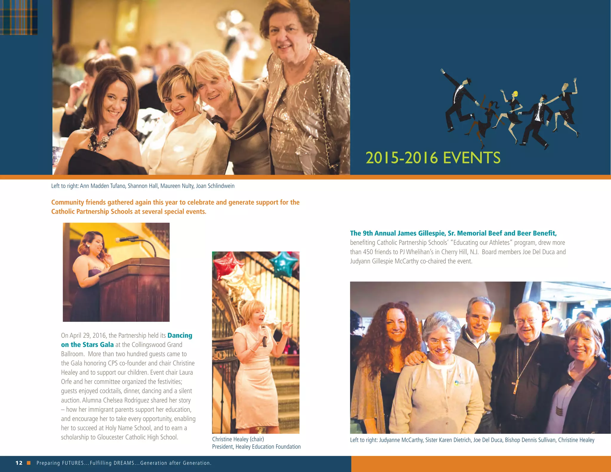 12 n Preparing FUTURES…Fulfilling DREAMS…Generation after Generation. 															
On April 29, 2016, the Partnership held its Dancing
on the Stars Gala at the Collingswood Grand
Ballroom. More than two hundred guests came to
the Gala honoring CPS co-founder and chair Christine
Healey and to support our children. Event chair Laura
Orfe and her committee organized the festivities;
guests enjoyed cocktails, dinner, dancing and a silent
auction.Alumna Chelsea Rodriguez shared her story
– how her immigrant parents support her education,
and encourage her to take every opportunity, enabling
her to succeed at Holy Name School, and to earn a
scholarship to Gloucester Catholic High School.
2015-2016 EVENTS
Community friends gathered again this year to celebrate and generate support for the
Catholic Partnership Schools at several special events.
The 9th Annual James Gillespie, Sr. Memorial Beef and Beer Benefit,
benefiting Catholic Partnership Schools’ “Educating our Athletes” program, drew more
than 450 friends to PJ Whelihan’s in Cherry Hill, N.J. Board members Joe Del Duca and
Judyann Gillespie McCarthy co-chaired the event.
Left to right:Ann Madden Tufano, Shannon Hall, Maureen Nulty, Joan Schlindwein
Christine Healey (chair)
President, Healey Education Foundation
Left to right: Judyanne McCarthy, Sister Karen Dietrich, Joe Del Duca, Bishop Dennis Sullivan, Christine Healey
 