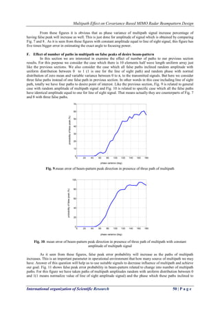 Multipath Effect on Covariance Based MIMO Radar Beampattern Design 
International organization of Scientific Research 50 | P a g e 
From these figures it is obvious that as phase variance of multipath signal increase percentage of 
having false peak will increase as well. This is just done for amplitude of signal which is obtained by comparing 
Fig. 7 and 8 . As it is seen from these figures with constant amplitude equal to line of sight signal, this figure has 
five times bigger error in estimating the exact angle to focusing power. 
F. Effect of number of paths in multipath on false peaks of desire beam-pattern 
In this section we are interested in examine the effect of number of paths to our previous section 
results. For this purpose we consider the case which there is 10 elements half wave length uniform array just 
like the previous sections. We also consider the case which all false paths inclined random amplitude with 
uniform distribution between 0 to 1 (1 is one for the line of sight path) and random phase with normal 
distribution of zero mean and variable variance between 0 to π, to the transmitted signals. But here we consider 
three false paths instead of one false path in previous section. In other words in this case including line of sight 
path, totally we have four paths to desire point of interest. Like the previous section, Fig. 9 is related to general 
case with random amplitude of multipath signal and Fig. 10 is related to specific case which all the false paths 
have identical amplitude equal to one for line of sight signal. That means actually they are counterparts of Fig. 7 
and 8 with three false paths. 
Fig. 9.mean error of beam-pattern peak direction in presence of three path of multipath 
Fig. 10. mean error of beam-pattern peak direction in presence of three path of multipath with constant 
amplitude of multipath signal 
As it seen from these figures, false peak error probability will increase as the paths of multipath 
increases. This is an important parameter in operational environment that how many source of multipath we may 
have. Answer of this question will help us to use suitable signals to decrease influence of multipath and achieve 
our goal. Fig. 11 shows false peak error probability in beam-pattern related to change into number of multipath 
paths. For this figure we have taken paths of multipath amplitudes random with uniform distribution between 0 
and 1(1 means normalize value of line of sight amplitude signal) and the phase which these paths inclined to 
0 20 40 60 80 100 120 140 160 180 
0 
10 
20 
30 
40 
50 
60 
70 
phase variance (deg) 
probability of false peak (%) 
0 20 40 60 80 100 120 140 160 180 
0 
20 
40 
60 
80 
100 
phase variance (deg) 
probability of false peak (%) 
 