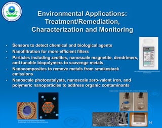 14
• Sensors to detect chemical and biological agents
• Nanofiltration for more efficient filters
• Particles including zeolites, nanoscale magnetite, dendrimers,
and tunable biopolymers to scavenge metals
• Nanocomposites to remove metals from smokestack
emissions
• Nanoscale photocatalysts, nanoscale zero-valent iron, and
polymeric nanoparticles to address organic contaminants
Images courtesy / Francesco Stellacci, MIT, and Nature Nanotechnology
http://www.nanoscalecorp.com/content.php/chem
decon/fast_act/
Environmental Applications:
Treatment/Remediation,
Characterization and Monitoring
A Nanoporous Functionalized Ceramic Support
Shas Mattigod, Pacific Northwest National Laboratory
 