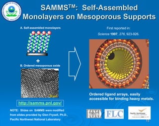 15
SAMMSTM: Self-Assembled
Monolayers on Mesoporous Supports
20 nm
A. Self-assembled monolayers
B. Ordered mesoporous oxide
+
First reported in:
Science 1997, 276, 923-926.
http://samms.pnl.gov/
Ordered ligand arrays, easily
accessible for binding heavy metals.
NOTE: Slides on SAMMS were modified
from slides provided by Glen Fryxell, Ph.D.,
Pacific Northwest National Laboratory
20 nm
 