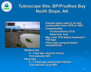 27
• Cleaned pipes used in oil well
construction from 1978 to 1982
• Contaminants
– Trichloroethane (TCA)
– Diesel fuel, lead
• Max conc TCA before treatment =
>58 mg/L
• Pilot scale using bimetallic
nanoparticles
Tuboscope Site, BP/Prudhoe Bay
North Slope, AK
• Shallow test
– 0 – 4 feet bgs, physical mixing
– TCA reduction 60%
• Deep test
– 0 – 7.5 feet bgs, pressurized injection
– TCA reduction up to 90%
 
