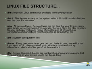 LINUX FILE STRUCTURE...
 /bin : Important Linux commands available to the average user.
 /boot : The files necessary for the system to boot. Not all Linux distributions
use this one. Fedora does.
 /dev : All device drivers. Device drivers are the files that your Linux system
uses to talk to your hardware. For example, there's a file in the /dev directory
for your particular make and model of monitor, and all of your Linux
computer's communications with the monitor go through that file.
 /etc : System configuration files.
 /home : Every user except root gets her own folder in here, named for her
login account. So, the user who logs in with linda has the directory
/home/linda, where all of her personal files are kept.
 /lib : System libraries. Libraries are just bunches of programming code that
the programs on your system use to get things done.
 