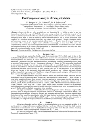IOSR Journal of Mathematics (IOSR-JM)
e-ISSN: 2278-5728.Volume 5, Issue 6 (Mar. - Apr. 2013), PP 20-23
www.iosrjournals.org
www.iosrjournals.org 20 | Page
Post Component Analysis of Categorical data
U. Sangeetha1
, M. Subbiah2
, M.R. Srinivasan3
1(
Department of Management Studies, SSN College of Engineering, Chennai, India)
2
(Department of Mathematics, L. N. Government College, Ponneri, India)
3
(Department of Statistics, University of Madras, Chennai, India)
Abstract: Categorical data are often stratified into two dimensional I × J tables in order to test the
independence of attributes. Agresti (1999) has discussed testing methods with partitioning property of chi
square to extract components that describe certain aspects of the overall association in a table. In this work an
attempt has been made to study the pattern in which sub-tables exhibit a sign of reverse association when
compared to a significant association of attributes with regard to the original I × J table. Simulation studies
and subsequent results of vote counting method indicate that 2 × 2 tables have the reversal component
association when compared to higher order sub-tables; interestingly, in more than 90% cases. The
computationally extensive and exhaustive procedure provide a better tool to understand the association between
the categories that focus on the strongest differences among all comparisons, and could be practically and other
aspects in experimental studies such as clinical trials.
Keywords: Contingency tables, Chi-Square test, Component Analysis.
I. INTRODUCTION
Categorical data analysis has found a rapid development since 1960’s which might be due to the
methodological sophistication of the social and biomedical sciences. It is not uncommon in social sciences for
measuring attitudes and opinions on various issues and demographic characteristics such as gender race and
social class. Categorical scales have been used extensively in biomedical sciences to measure many factors, such
as severity of injury, degree of recovery from surgery, and stage of a disease etc. This progress has been found
as an outcome of stimulus ties between social scientists and / or biomedical scientists and Statisticians.
However, one of the most influential contributions by Karl Pearson and Yule on association between categorical
variables has also been used extensively in many research works and by the practitioners in this large data
driven era. The data for this analysis are displayed in a table with I rows and J columns and many software
perform this analysis to provide a test of significance using a chi-square analysis testing the null hypothesis that
there is no association between the two variables.
If the chi-square test results in a p-value of 0.05or smaller, the results are deemed significant, the null
hypothesis is rejected. In such cases when there are only two groups being compared (a 2 × 2 table) it is easy to
observe the association between them; however when there are three or more groups, there has been a need to
identify the significant/non-significant association between pairs of groups. An extensive literature such as
Berkson, (1938), Norton, (1945), Simpson, (1951), Cochran, (1954), Mantel and Haenszel, (1959), Goodman,
(1964), Goodman, (1969), Blyth, 1972, Agresti, (1990), Agresti (1999), Sergio and Paulette (2011) provides a
method based on portioning of chi-square it has laid a practical limitation to the users, in that partitioning the
given I × J table satisfying the basic assumptions of the procedure.
This paper has identified a need based analysis between the practice and the theory and has provided a
procedure based on the post component analysis which is similar to the multiple comparisons in ANOVA for
continuous response variables. A primitive approach and subsequent analysis issues have been discussed with
limited size of the underlying classification table; this paper includes a simulation study to understand the
decisions on the Reversal Association Pattern (RAP) in a I × J table. Also, this attempt has laid a foundation to
visualize this post component analysis under various model settings and with large contingency tables.
II. METHOD
A bivariate relationship has been defined by the joint distribution of the two associated variables. If X
and Y denote two categorical response variables, X having I levels and Y having J levels then the IJ possible
combinations of classification could be displayed in a contingency table, where the cells contains frequency
counts of outcomes. Such a contingency table is referred to as an I × J table.
In a two-way contingency tables, the null hypothesis of statistical independence has been tested using
Pearson chi-square statistic (Agresti 1990)
 