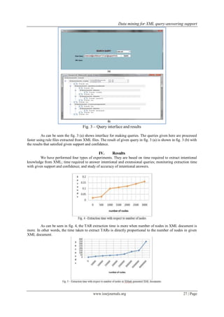 Data mining for XML query-answering support
www.iosrjournals.org 27 | Page
Fig. 3 – Query interface and results
As can be seen the fig. 3 (a) shows interface for making queries. The queries given here are processed
faster using rule files extracted from XML files. The result of given query in fig. 3 (a) is shown in fig. 3 (b) with
the results that satisfied given support and confidence.
IV. Results
We have performed four types of experiments. They are based on time required to extract intentional
knowledge from XML; time required to answer intentional and extensional queries; monitoring extraction time
with given support and confidence; and study of accuracy of intentional answers.
As can be seen in fig. 4, the TAR extraction time is more when number of nodes in XML document is
more. In other words, the time taken to extract TARs is directly proportional to the number of nodes in given
XML document.
 