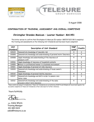 CONFIRMATION OF TRAINING, ASSESSMENT AND OVERALL COMPETENCE
Christopher Brenden Manicum – Learner Number: MA1451
This letter serves to confirm that Christopher B. Manicum ID number: 880719 5221 08 0 completed
the training and assessments on the following Unit Standards and has been found competent.
Unit
Standard
Description of Unit Standard
NQF
Level
Credits
120124 Demonstrate knowledge of insurable risk 4 3
120005 Demonstrate knowledge and understanding of personal motor Insurance 4 4
120008 Apply knowledge and understanding of the insurance of
pleasure craft
4 3
120016 Apply knowledge of insurance of household contents 4 4
114959 Behave in a professional manner in a business environment 2 4
120011 Apply knowledge of personal all risks insurance 4 2
120015 Demonstrate knowledge and understanding of house owner’s
Insurance
4 3
120132 Apply knowledge of personal liability insurance 4 3
120137 Demonstrate knowledge and skill in order to assess a non-
motor claim
4 3
120112 Demonstrate knowledge and understanding of the sales
process in short term insurance
4 3
These credits are subject to moderation. These Unit Standards are accredited by INSETA and INSQA will record and register the
successful completion of these Unit Standards on their data base for further reference.
Yours faithfully
p.p. Adele Whyte
Training Manager
011 489 4323
adele@telesure.co.za
Accreditation number: 130160
5 August 2008
 