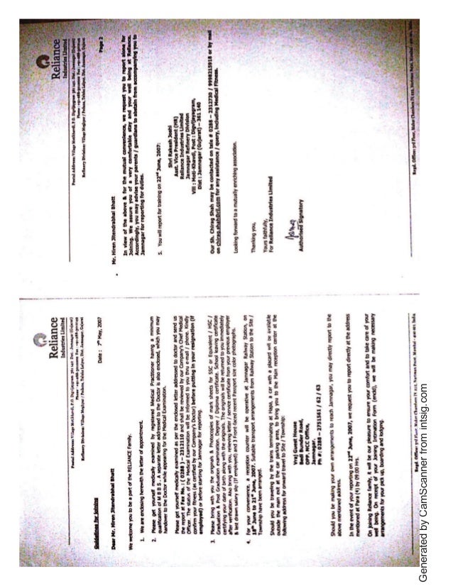 Reliance joining letter