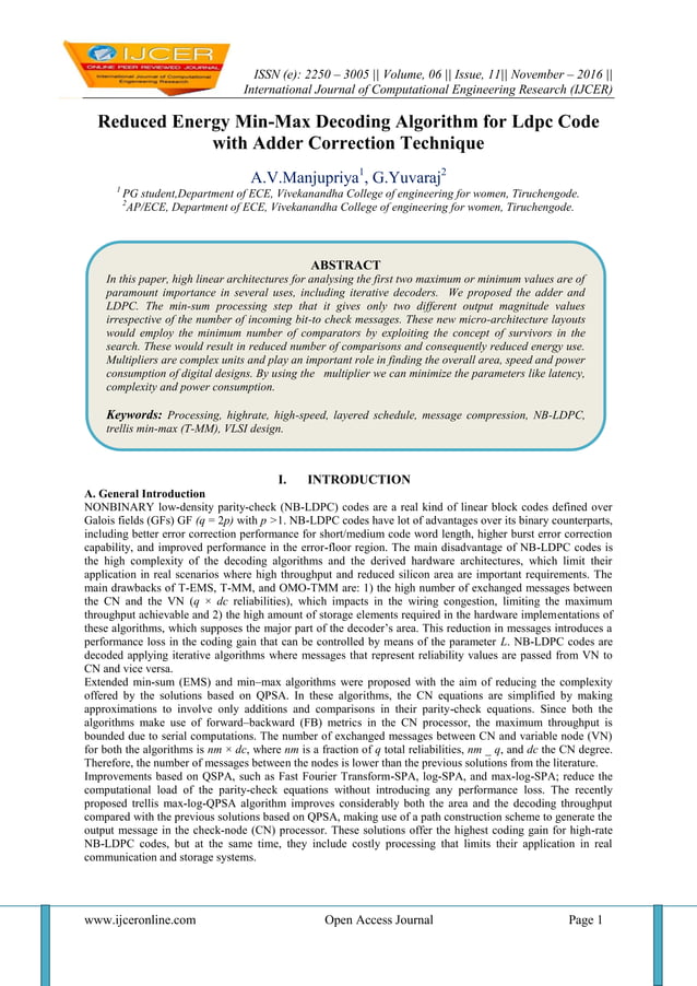 Reduced Energy Min-Max Decoding Algorithm for Ldpc Code with Adder ...