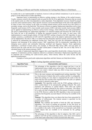 Building an Efficient and Flexible Architecture for Caching Data Objects in Distributed...
38
be needed, this is not implementable in hardware, however (with pre-defined simulations) it can be used as a
gauge as to the effectiveness of other algorithms.
Important factor in determining an effective caching strategy is the lifetime of the cached resource.
Usually, resources stored in the temporal cache are good for the life of an application. Resources that are stored
in the spatial cache are either time-dependent or place-dependent. Time-dependent resources should be purged
as per the cache expiration policy. Place-specific resources can be discarded based on the state of the application.
In order to store a new resource in the cache, an existing cached resource will be moved out of the cache to a
secondary storage, such as the hard disk. This process is known as paging. Replacement algorithms such as least
frequently used resource (LFU), least recently used resource (LRU), and most recently used resource (MRU)
can be applied in implementing an effective cache-eviction strategy, which influences the cache predictability.
The goal in implementing any replacement algorithm is to minimize paging and maximize the cache hit rate.
The cache hit rate is the possibility of finding the requested resource in the cache. In most cases, LRU
implementation is a good enough solution. JCS and ASP.NET caching is based on the LRU algorithm. In more
complex scenarios, a combination of LRU and LFU algorithms such as the adaptive replacement cache (ARC)
can be implemented. The idea in ARC is to replace the least frequently and least recently used cached data. This
is achieved by maintaining two additional scoring lists. These lists will store the information regarding the
frequency and timestamp of the cached resource. ARC outperforms LRU by dynamically responding to the
changing access pattern and continually balancing workload and frequency features. Some applications
implement a cost-based eviction policy. For example, in Microsoft SQL Server 2005, zero-cost plans are
removed from the cache and the cost of all other cached plans is reduced by half. The cost in SQL Server is
calculated based on the memory pressure. [4][5]
A study of replacement algorithms suggests that a good algorithm should strike a balance between the
simplicity of randomness and the complexity inherent in cumulative information. Replacement algorithms play
an important role in defining the cache-eviction policy, which directly affects the cache hit-rate and the
application performance.
Examples of some good cache replacement algorithms and their features are listed down below.
Table 1: Caching Algorithms and their Features
Algorithm Name Characteristics and Features
FIFO (First In First Out) The advantage of this algorithm is that it's simple and fast; it can be
implemented using a simple array and an index. The disadvantage is that
it's not very smart; it doesn't make any effort to keep more commonly
used items in cache.
LRU (Least Recently Used) This is the most common and straightforward caching algorithm. There
is a fixed amount of objects that can be cached, and this is configurable.
When the caching of a new object is requested but the cache is full, the
object that has least recently been requested from the cache (or updated
in the cache) is ejected to make space.
Automatic: This algorithm works with the JVM's garbage collector to
allow cached objects to be automatically garbage-collected. The cache
maintains soft references to cached objects. These allow the cached
objects to be garbage collected by the system as necessary. This allows
for a cache size that is bounded only by the amount of memory available
to the JVM. However, unlike the LRU algorithm, it does not necessarily
guarantee that frequently accessed objects will always be available in the
cache.
Timeout: This algorithm times out objects that have been untouched for
a number of milliseconds. The timeout amount is specified via the
property cache timeout.
Hybrid: This combines the benefits of both the LRU and Automatic
algorithms. Two levels of caching are provided. At the first level, an
LRU cache ensures that a fixed number of the most recently used objects
are available in the cache. At the second level, an Automatic cache holds
cached objects that are available to be reclaimed by the garbage
collector.
LRU2
(Least Recently Used Twice)
The advantage of this algorithm is that it's adaptive, like LRU, and in
addition won't fill up from scanning accesses, since items aren't retained
in the main cache unless they've been accessed more than once.
 
