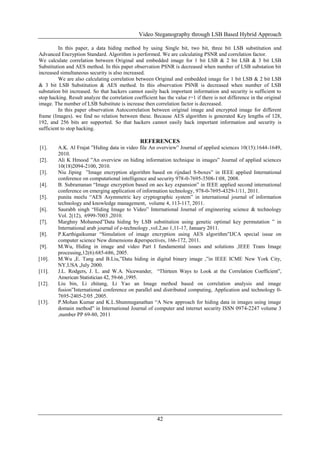 Video Steganography through LSB Based Hybrid Approach
42
In this paper, a data hiding method by using Single bit, two bit, three bit LSB substitution and
Advanced Encryption Standard. Algorithm is performed. We are calculating PSNR and correlation factor.
We calculate correlation between Original and embedded image for 1 bit LSB & 2 bit LSB & 3 bit LSB
Substitution and AES method. In this paper observation PSNR is decreased when number of LSB substation bit
increased simultaneous security is also increased.
We are also calculating correlation between Original and embedded image for 1 bit LSB & 2 bit LSB
& 3 bit LSB Substitution & AES method. In this observation PSNR is decreased when number of LSB
substation bit increased. So that hackers cannot easily hack important information and security is sufficient to
stop hacking. Result analyze the correlation coefficient has the value r=1 if there is not difference in the original
image. The number of LSB Substitute is increase then correlation factor is decreased.
In this paper observation Autocorrelation between original image and encrypted image for different
frame (Images). we find no relation between these. Because AES algorithm is generated Key lengths of 128,
192, and 256 bits are supported. So that hackers cannot easily hack important information and security is
sufficient to stop hacking.
REFERENCES
[1]. A.K. Al Frajat ”Hiding data in video file An overview” Journal of applied sciences 10(15):1644-1649,
2010.
[2]. Ali K Hmood ”An overview on hiding information technique in images” Journal of applied sciences
10(18)2094-2100, 2010.
[3]. Niu Jiping ”Image encryption algorithm based on rijndael S-boxes” in IEEE applied International
conference on computational intelligence and security 978-0-7695-3508-108, 2008.
[4]. B. Subramanan “Image encryption based on aes key expansion” in IEEE applied second international
conference on emerging application of information technology, 978-0-7695-4329-1/11, 2011.
[5]. punita meelu “AES Asymmetric key cryptographic system” in international journal of information
technology and knowledge management, volume 4, 113-117, 2011.
[6]. Saurabh singh “Hiding Image to Video” International Journal of engineering science & technology
Vol. 2(12), 6999-7003 ,2010.
[7]. Marghny Mohamed”Data hiding by LSB substitution using genetic optimal key permutation ” in
International arab journal of e-technology ,vol.2,no 1,11-17, January 2011.
[8]. P.Karthigaikumar “Simulation of image encryption using AES algorithm”IJCA special issue on
computer science New dimensions &perspectives, 166-172, 2011.
[9]. M.Wu, Hiding in image and video Part I fundamental issues and solutions ,IEEE Trans Image
processing,12(6):685-686, 2005.
[10]. M.Wu ,E. Tang and B.Liu,”Data hiding in digital binary image ,”in IEEE ICME New York City,
NY,USA ,July 2000.
[11]. J.L. Rodgers, J. L. and W.A. Nicewander, “Thirteen Ways to Look at the Correlation Coefficient”,
American Statistician 42, 59-66 ,1995.
[12]. Liu bin, Li zhitang, Li Yao an Image method based on correlation analysis and image
fusion”International conference on parallel and distributed computing, Application and technology 0-
7695-2405-2/05 ,2005.
[13]. P.Mohan Kumar and K.L.Shunmuganathan “A New approach for hiding data in images using image
domain method” in International Journal of computer and internet security ISSN 0974-2247 volume 3
,number PP 69-80, 2011
 