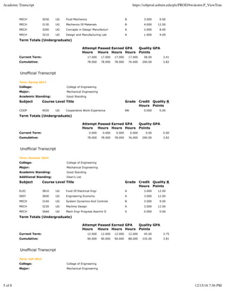 MECH 3030 UG Fluid Mechanics B 3.000 9.00
MECH 3130 UG Mechanics Of Materials B 4.000 12.00
MECH 3200 UG Concepts in Design Manufacturi A 2.000 8.00
MECH 3210 UG Design and Manufacturing Lab A 1.000 4.00
Term Totals (Undergraduate)
Attempt
Hours
Passed
Hours
Earned
Hours
GPA
Hours
Quality
Points
GPA
Current Term: 17.000 17.000 17.000 17.000 58.00 3.41
Cumulative: 78.000 78.000 78.000 76.000 290.00 3.82
Unofficial Transcript
Term: Spring 2014
College: College of Engineering
Major: Mechanical Engineering
Academic Standing: Good Standing
Subject Course Level Title Grade Credit
Hours
Quality
Points
R
COOP 4920 UG Cooperative Work Experience NN 0.000 0.00
Term Totals (Undergraduate)
Attempt
Hours
Passed
Hours
Earned
Hours
GPA
Hours
Quality
Points
GPA
Current Term: 0.000 0.000 0.000 0.000 0.00 0.00
Cumulative: 78.000 78.000 78.000 76.000 290.00 3.82
Unofficial Transcript
Term: Summer 2014
College: College of Engineering
Major: Mechanical Engineering
Academic Standing: Good Standing
Additional Standing: Dean's List
Subject Course Level Title Grade Credit
Hours
Quality
Points
R
ELEC 3810 UG Fund Of Electrical Engr A 3.000 12.00
INSY 3600 UG Engineering Economy A 3.000 12.00
MECH 3140 UG System Dynamics And Controls B 3.000 9.00
MECH 3230 UG Machine Design A 3.000 12.00
MECH 3AA0 UG Mech Engr Progress Assmnt II S 0.000 0.00
Term Totals (Undergraduate)
Attempt
Hours
Passed
Hours
Earned
Hours
GPA
Hours
Quality
Points
GPA
Current Term: 12.000 12.000 12.000 12.000 45.00 3.75
Cumulative: 90.000 90.000 90.000 88.000 335.00 3.81
Unofficial Transcript
Term: Fall 2014
College: College of Engineering
Major: Mechanical Engineering
Academic Transcript https://ssbprod.auburn.edu/pls/PROD/bwskotrn.P_ViewTran
5 of 8 12/15/16 7:56 PM
 