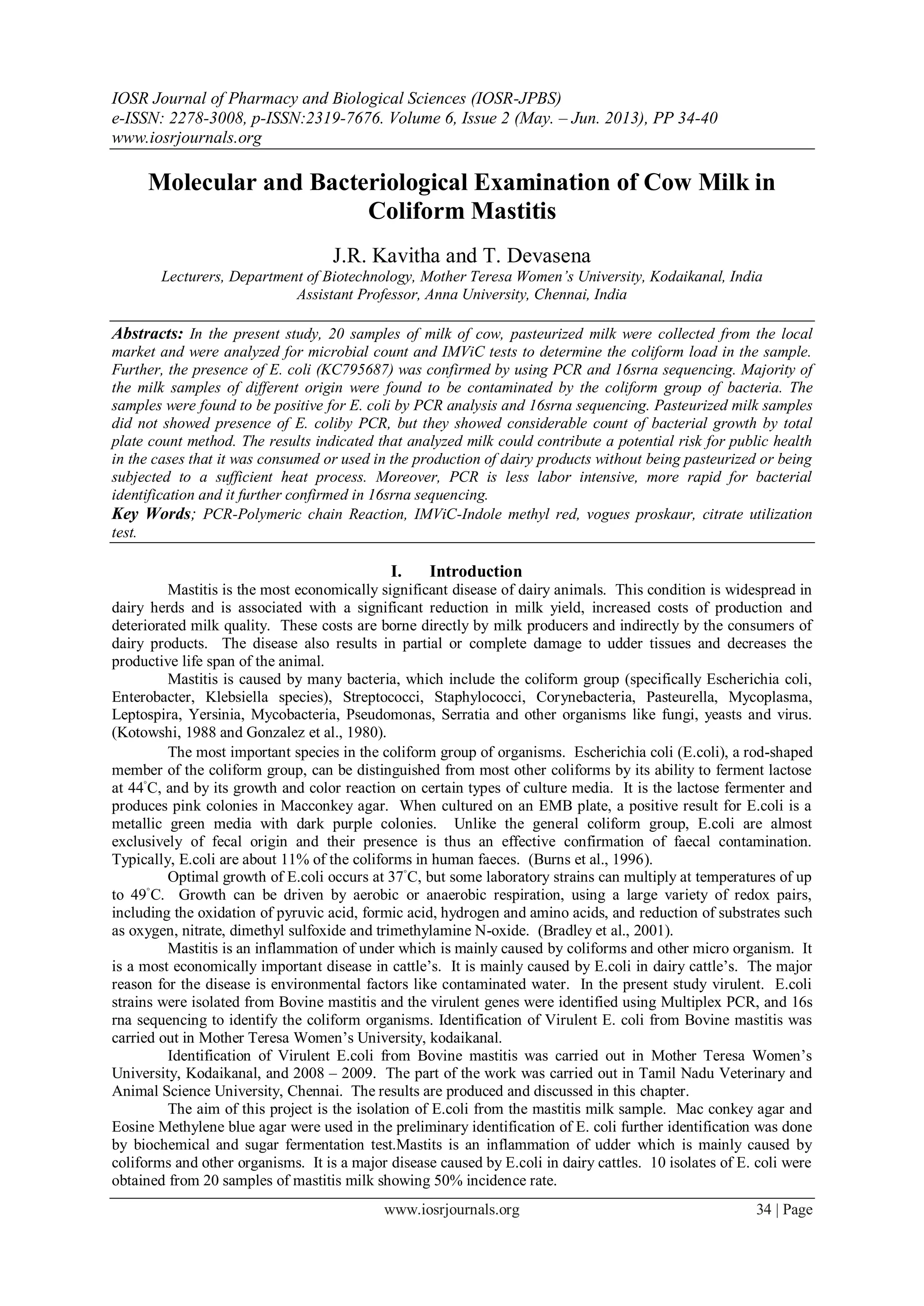 Molecular and Bacteriological Examination of Cow Milk in Coliform