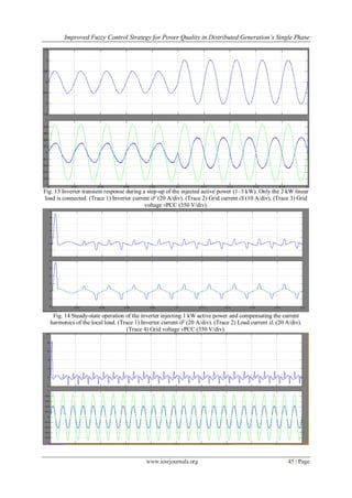 Improved Fuzzy Control Strategy for Power Quality in Distributed Generation’s Single Phase
www.iosrjournals.org 45 | Page
Fig. 13 Inverter transient response during a step-up of the injected active power (1–3 kW). Only the 2 kW linear
load is connected. (Trace 1) Inverter current iF (20 A/div). (Trace 2) Grid current iS (10 A/div). (Trace 3) Grid
voltage vPCC (350 V/div).
Fig. 14 Steady-state operation of the inverter injecting 1 kW active power and compensating the current
harmonics of the local load. (Trace 1) Inverter current iF (20 A/div). (Trace 2) Load current iL (20 A/div).
(Trace 4) Grid voltage vPCC (350 V/div).
 
