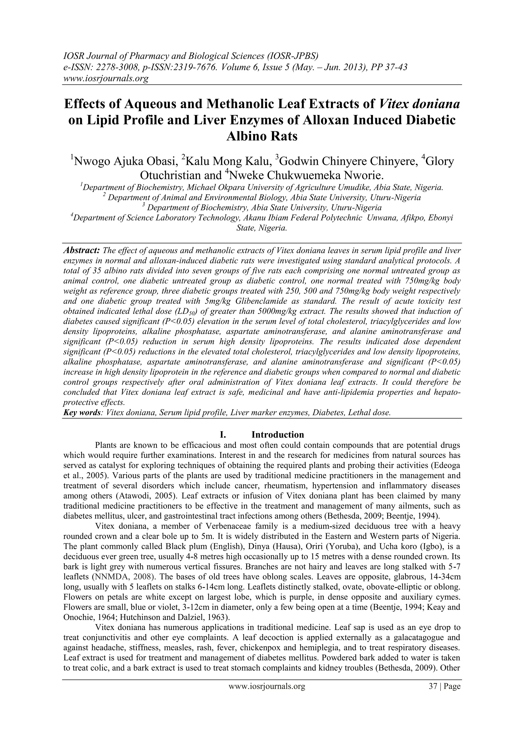 Effects of Aqueous and Methanolic Leaf Extracts of Vitex doniana on ...