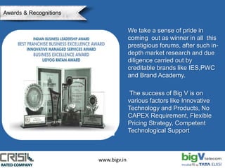We take a sense of pride in
coming out as winner in all this
prestigious forums, after such in-
depth market research and due
diligence carried out by
creditable brands like IES,PWC
and Brand Academy.
The success of Big V is on
various factors like Innovative
Technology and Products, No
CAPEX Requirement, Flexible
Pricing Strategy, Competent
Technological Support
www.bigv.in
Awards & Recognitions
 