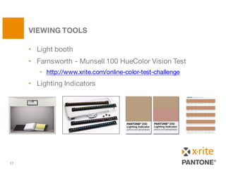 • Light booth
• Farnsworth - Munsell 100 HueColor Vision Test
• http://www.xrite.com/online-color-test-challenge
• Lighting Indicators
VIEWING TOOLS
17
 