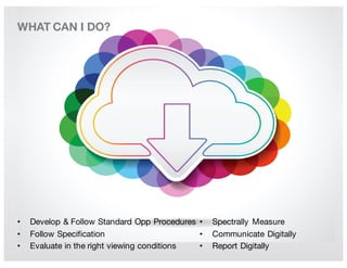 • Develop & Follow Standard Opp Procedures
• Follow Specification
• Evaluate in the right viewing conditions
• Spectrally Measure
• Communicate Digitally
• Report Digitally
WHAT CAN I DO?
 