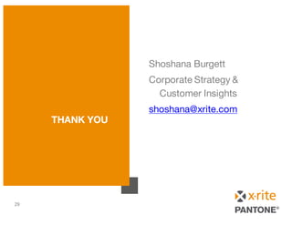 THANK YOU
Shoshana Burgett
Corporate Strategy &
Customer Insights
shoshana@xrite.com
29
 