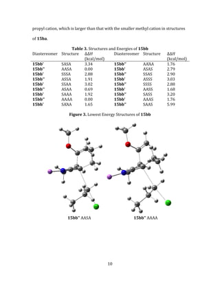 10
propyl cation, which is larger than that with the smaller methyl cation in structures
of 15ba.
Table 3. Structures and Energies of 15bb
Diastereomer Structure ΔΔH
(kcal/mol)
Diastereomer Structure ΔΔH
(kcal/mol)
15bb’ SASA 3.34 15bb’’ AA’AA 1.76
15bb’’ AASA 0.00 15bb’ ASAS 2.79
15bb’ SSSA 2.88 15bb’’ SSAS 2.90
15bb’’ ASSA 1.91 15bb’ ASSS 3.03
15bb’ SSAA 3.02 15bb’’ SSSS 2.88
15bb’’ ASAA 0.69 15bb’ AASS 1.68
15bb’ SAAA 1.92 15bb’’ SASS 3.20
15bb’’ AAAA 0.00 15bb’ AAAS 1.76
15bb’ SA’AA 1.65 15bb’’ SAAS 5.99
Figure 3. Lowest Energy Structures of 15bb
15bb’’ AASA 15bb’’ AAAA
 