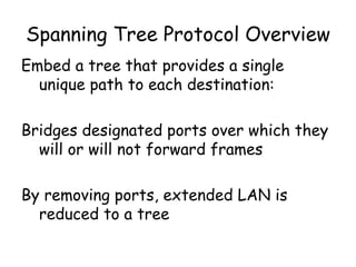 Spanning Tree Protocol Overview Embed a tree that provides a single unique path to each destination: Bridges designated ports over which they will or will not forward frames By removing ports, extended LAN is reduced to a tree 