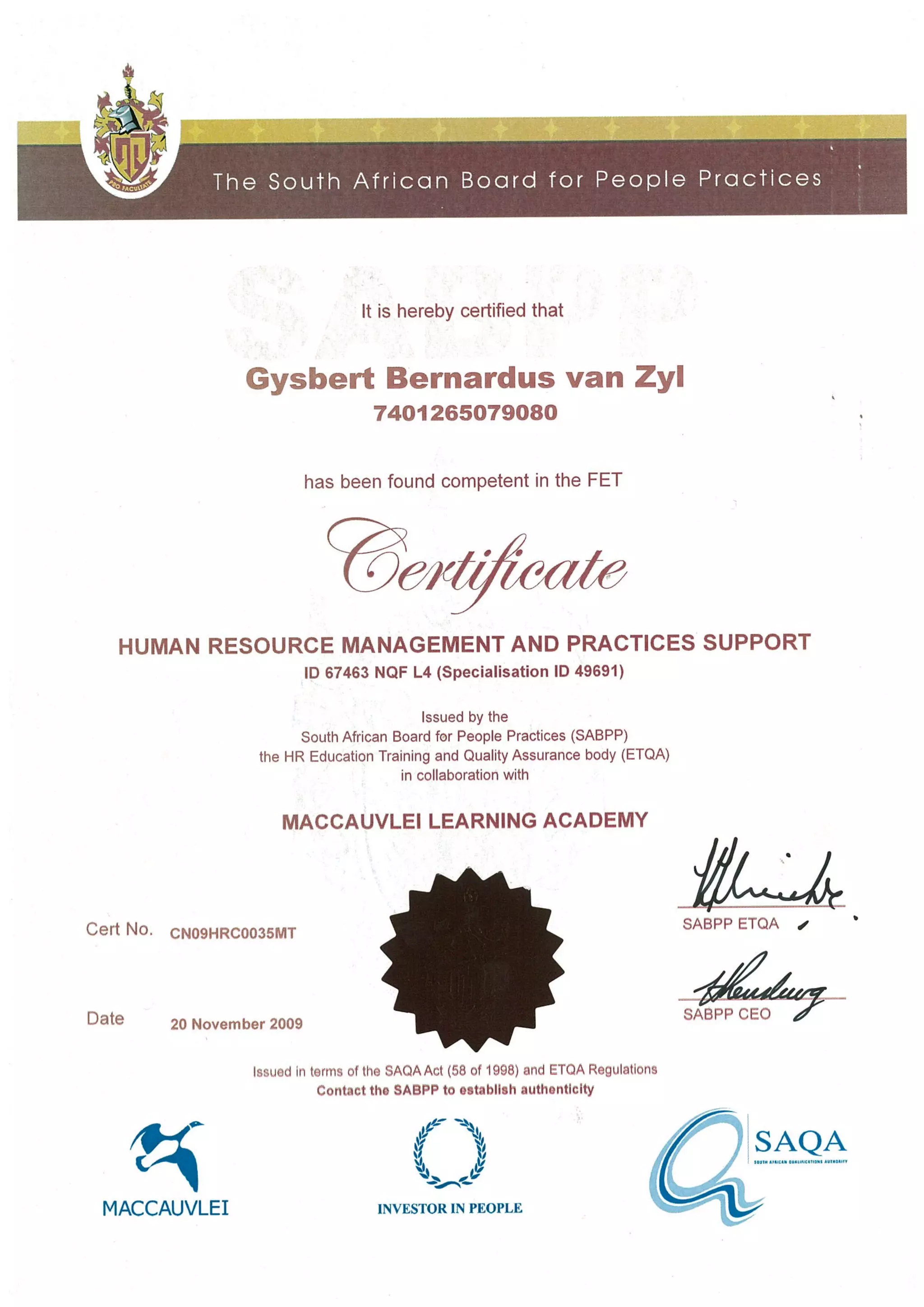 Certificate Human Resource Management and Practices Support PDF