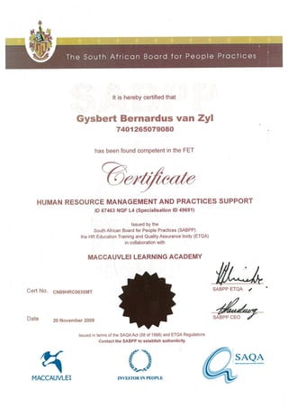 Certificate - Human Resource Management and Practices Support