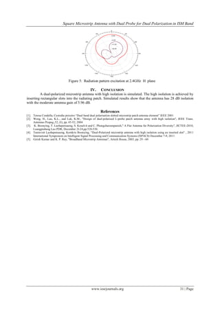 Square Microstrip Antenna with Dual Probe for Dual Polarization in ISM Band
www.iosrjournals.org 31 | Page
Figure 5: Radiation pattern excitation at 2.4GHz H plane
IV. CONCLUSION
A dual-polarized microstrip antenna with high isolation is simulated. The high isolation is achieved by
inserting rectangular slots into the radiating patch. Simulated results show that the antenna has 28 dB isolation
with the moderate antenna gain of 5.96 dB.
References
[1]. Teresa Condella, Custodia peixeiro “Dual band dual polarisation slotted microstrip patch antenna element” IEEE 2001
[2]. Wong, H., Lau, K.L., and Luk, K.M., "Design of dual-polarised L-probe patch antenna array with high isolation", IEEE Trans.
Antennas Propag.,52, (I), pp. 45-52, 2004
[3]. K. Boonying, T. Laohapensaeng, S. Kosulvit and C. Phongcharoenpanich," A Flat Antenna for Polarization Diversity", JICTEE-2010,
Luangprabang Lao PDR, December 2I-24,pp.528-530.
[4]. Teeravisit Laohapensaeng, Komkris Boonying, “Dual-Polarized microstrip antenna with high isolation using an inserted slot” , 2011
International Symposium on Intelligent Signal Processing and Communication Systems (lSPACS) December 7-9, 2011
[5]. Girish Kumar and K. P. Ray, "Broadband Microstrip Antennas", Artech House, 2003, pp. 29 - 60
 