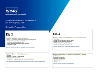 Introdução ao Acordo de Basileia II
(04 a 07 Agosto, 32h)
Conteúdo Programático
Dia 3
Módulo 5: Basileia II – Riscos de Mercado
• Basel II – posições na carteira de negociação (trading book)
• O Value-at-Risk (VaR) e sua aplicação
• Parâmetros para o cálculo do VaR
• Capital para cobertura dos riscos de mercado
• Limitações do VaR
Caso de estudo: Exemplo de aplicação do método padrão
Módulo 6: Basel II – Risco Operacional
• Definição
• Princípios a adoptar e boas práticas
• Perdas de risco operacional
• Métodos de medição do risco operacional em Basileia II
Caso de estudo: Identificação de quantificação de eventos de risco operacional
Dia 4
Módulo 7: Outros riscos em Basileia II (taxa de juro e liquidez)
• Definições
• Gestão do risco estrutural de taxa de juro
• Gestão do risco estrutural de liquidez
• Métodos de cálculo e indicadores
• Gestão de Activos e Passivos (ALM)
Caso de estudo: casos práticos de medição e reporte
Módulo 8: Basileia II – A reforma regulamentar e reporte
prudencial
• Reportes prudenciais
• Estrutura regulamentar
• Concentração de riscos
• O ICAAP
Caso de estudo: Reportes regulamentares
 