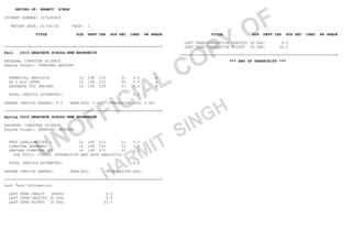UNOFFICIAL COPY OF
HARMIT
SINGH
RECORD OF: HARMIT SINGH
STUDENT NUMBER: 167008928
RECORD DATE: 01/06/16 PAGE: 1
TITLE SCH DEPT CRS SUP SEC CRED PR GRADE
.
Fall 2015 GRADUATE SCHOOL-NEW BRUNSWICK
PROGRAM: COMPUTER SCIENCE
Degree Sought: TERMINAL MASTERS
NUMERICAL ANALYSIS 16 198 510 01 3.0 A
DS & ALG INTRO 16 198 512 02 3.0 A
DATABASE SYS IMPLEMT 16 198 539 01 3.0 B
TOTAL CREDITS ATTEMPTED: 9.0
DEGREE CREDITS EARNED: 9.0 TERM AVG: 3.667 CUMULATIVE AVG: 3.667
.
Spring 2016 GRADUATE SCHOOL-NEW BRUNSWICK
PROGRAM: COMPUTER SCIENCE
Degree Sought: TERMINAL MASTERS
PROG LANG&CMPILRS I 16 198 515 01 3.0
COMPUTER NETWORKS 16 198 552 01 3.0
SEMINAR COMPUTER SCI 16 198 672 01 3.0
SUB TOPIC: VISUAL INTERACTION AND DATA ANALYTICS
TOTAL CREDITS ATTEMPTED: 9.0
DEGREE CREDITS EARNED: TERM AVG: CUMULATIVE AVG:
.
Last Term Information
LAST TERM CREDIT HOURS: 9.0
LAST TERM CREDITS IN GPA: 9.0
LAST TERM POINTS IN GPA: 33.0
TITLE SCH DEPT CRS SUP SEC CRED PR GRADE
LAST TERM CUMULATIVE CREDITS IN GPA: 9.0
LAST TERM CUMULATIVE POINTS IN GPA: 33.0
.
*** END OF TRANSCRIPT ***
 
