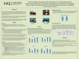The	
  Joint	
  Eﬀect	
  of	
  Exercise	
  and	
  Environment	
  on	
  	
  Perceived	
  Restora7on,	
  	
  
Health-­‐related	
  A=tudes,	
  and	
  Health-­‐related	
  Behaviors:	
  Con7nued	
  Inves7ga7on	
  	
  
Kathleen	
  Fuegen,	
  Kimberly	
  Breitenbecher,	
  Nicole	
  Sofranko,	
  Alexandra	
  Morgan,	
  Kayla	
  Vires,	
  Jessica	
  Sharkey	
  
Northern	
  Kentucky	
  University	
  
	
  
Background	
  
	
  
§  Working	
  intensely	
  on	
  a	
  project	
  can	
  result	
  in	
  mental	
  fa7gue.	
  Spending	
  7me	
  in	
  nature	
  	
  can	
  
restore	
  depleted	
  resources.	
  Exposure	
  to	
  nature	
  signiﬁcantly	
  improves	
  aSen7on	
  and	
  mood	
  
(Berman,	
  Jonides,	
  &	
  Kaplan,	
  2008).	
  The	
  rich	
  s7mula7on	
  that	
  nature	
  provides	
  allows	
  one	
  to	
  rely	
  
on	
  involuntary	
  aSen7on,	
  which	
  is	
  eﬀortless,	
  giving	
  directed,	
  eﬀor[ul	
  aSen7on	
  the	
  chance	
  to	
  
restore	
  itself	
  (Kaplan,	
  1995).	
  	
  
	
  
§  Walking	
  for	
  as	
  liSle	
  as	
  10	
  minutes	
  can	
  improve	
  mood	
  and	
  increase	
  energy	
  (Ekkekakis,	
  Hall,	
  
VanLanduyt,	
  &	
  Petruzzello,	
  2000).	
  A	
  15-­‐minute	
  bout	
  of	
  brisk	
  walking	
  may	
  suppress	
  appe7te	
  
and	
  reduce	
  urges	
  of	
  sugar	
  snacking	
  (Taylor	
  and	
  Oliver,	
  2009).	
  	
  
	
  
§  Research	
  has	
  not	
  yet	
  inves7gated	
  the	
  combined	
  eﬀects	
  of	
  exercise	
  and	
  nature	
  on	
  aSen7on,	
  
mood,	
  perceived	
  restora7on,	
  and	
  dietary	
  behavior.	
  Based	
  on	
  previous	
  literature,	
  expected	
  that	
  
outcomes	
  will	
  be	
  the	
  most	
  favorable	
  when	
  par7cipants	
  exercise	
  in	
  nature.	
  	
  
	
  
Method	
  
Par$cipants	
  
§  The	
  sample	
  included	
  107	
  (59.1%)	
  women,	
  73	
  (40.3%)	
  men,	
  and	
  1	
  (.6%)	
  unknown.	
  
Par7cipants	
  iden7ﬁed	
  as	
  Caucasian	
  (79%),	
  African	
  American	
  or	
  Black	
  (9.4%),	
  mul7racial	
  
(3.3%),	
  Asian/Paciﬁc	
  Islander	
  (2.8%),	
  and	
  Middle	
  Eastern	
  (2.2%).	
  The	
  average	
  age	
  was	
  21.59	
  
years	
  (SD	
  =	
  7.69).	
  	
  	
  
Measures	
  
§  Perceived	
  Restora.veness	
  for	
  Ac.vi.es	
  Scale	
  (PRAS;	
  Norling,	
  Sibthorp,	
  &	
  Ruddell,	
  2008)	
  is	
  a	
  
measure	
  of	
  perceived	
  restora7on	
  following	
  physical	
  ac7vity.	
  The	
  PRAS	
  has	
  four	
  subscales:	
  	
  
§  Being	
  away	
  (e.g.,	
  Par7cipa7ng	
  in	
  this	
  ac7vity	
  helps	
  me	
  get	
  away	
  from	
  it	
  all)	
  
§  Fascina7on	
  (e.g.,	
  For	
  me,	
  this	
  ac7vity	
  has	
  many	
  fascina7ng	
  quali7es)	
  
§  Extent	
  	
  (e.g.,	
  Par7cipa7ng	
  in	
  this	
  ac7vity	
  will	
  sustain	
  my	
  interest)	
  
§  Compa7bility	
  (e.g.,	
  This	
  ac7vity	
  matches	
  my	
  ﬁtness	
  and	
  training	
  objec7ves)	
  
	
  
§  A4tudes	
  toward	
  the	
  task:	
  To	
  assess	
  a=tudes	
  toward	
  the	
  ac7vity	
  engaged	
  in	
  by	
  par7cipants,	
  
we	
  asked	
  them	
  to	
  indicate	
  1)	
  how	
  likely	
  they	
  would	
  be	
  to	
  sign-­‐up	
  for	
  another	
  study	
  session	
  
and	
  2)	
  how	
  likely	
  they	
  would	
  be	
  to	
  recommend	
  that	
  a	
  friend	
  par7cipate	
  in	
  the	
  study.	
  	
  
	
  
§  Snack	
  and	
  beverage	
  choices:	
  At	
  the	
  end	
  of	
  the	
  study,	
  par7cipants	
  were	
  oﬀered	
  one	
  beverage	
  
and	
  one	
  snack.	
  The	
  snack	
  items	
  include	
  both	
  healthy	
  (e.g.,	
  raisins,	
  pretzels,	
  baked	
  potato	
  
chips)	
  and	
  unhealthy	
  (candy,	
  regular	
  potato	
  chips)	
  op7ons.	
  The	
  beverages	
  include	
  both	
  
healthy	
  (water,	
  diet	
  soda)	
  and	
  unhealthy	
  (non-­‐caﬀeinated	
  soda)	
  op7ons.	
  	
  
Procedure	
  
§  	
  The	
  researcher	
  greeted	
  the	
  par7cipants	
  and	
  obtained	
  informed	
  consent.	
  	
  	
  
§  	
  Par7cipants	
  unscrambled	
  words	
  for	
  ﬁve	
  minutes	
  in	
  an	
  eﬀort	
  to	
  deplete	
  aSen7on.	
  
§  Par7cipants	
  completed	
  measures	
  of	
  aSen7on	
  and	
  mood	
  (for	
  details,	
  see	
  “The	
  Joint	
  Eﬀects	
  
of	
  Exercise	
  and	
  Environment	
  on	
  Emo7on	
  and	
  Cogni7on:	
  Con7nued	
  Inves7ga7on”)	
  
§  	
  Par7cipants	
  were	
  randomly	
  assigned	
  to	
  one	
  of	
  four	
  experimental	
  condi7ons:	
  indoor	
  
exercise,	
  outdoor	
  exercise,	
  indoor	
  rest,	
  or	
  outdoor	
  rest.	
  	
  
§  Outside	
  exercise	
  par7cipants	
  walked	
  for	
  15	
  minutes	
  around	
  a	
  lake	
  on	
  campus	
  	
  
§  Inside	
  exercise	
  par7cipants	
  walked	
  for	
  15	
  minutes	
  on	
  a	
  treadmill	
  in	
  a	
  laboratory	
  
§  Outside	
  rest	
  par7cipants	
  sat	
  on	
  a	
  bench	
  for	
  15	
  minutes	
  adjacent	
  to	
  the	
  lake	
  
§  Inside	
  rest	
  par7cipants	
  sat	
  for	
  15	
  minutes	
  at	
  a	
  desk	
  inside	
  a	
  laboratory	
  
§  Inside	
  exercise	
  par7cipants	
  watched	
  either	
  a	
  slide	
  show	
  or	
  a	
  video	
  of	
  a	
  path	
  around	
  
the	
  campus	
  lake	
  
§  Inside	
  rest	
  par7cipants	
  watched	
  either	
  a	
  slide	
  show	
  or	
  a	
  video	
  of	
  campus	
  from	
  a	
  
bench	
  adjacent	
  to	
  the	
  lake	
  
§  Following	
  the	
  assigned	
  task,	
  par7cipants	
  again	
  completed	
  measures	
  of	
  aSen7on	
  and	
  mood.	
  
They	
  also	
  completed	
  the	
  PRAS	
  and	
  the	
  a=tudes	
  toward	
  the	
  task	
  measure.	
  Lastly,	
  
par7cipants	
  were	
  oﬀered	
  a	
  snack	
  and	
  a	
  beverage..	
  
	
  
	
  
	
  
	
  
	
  
	
  
	
  
	
  
	
  
	
  
	
  
	
  
	
  
Results	
  
	
  
Perceived	
  Restora$veness	
  for	
  Ac$vi$es	
  Scale	
  (PRAS)	
  
§  A	
  2	
  (Ac7vity:	
  exercise	
  or	
  rest)	
  X	
  2	
  (Loca7on:	
  indoors	
  or	
  outdoors)	
  ANOVA	
  conducted	
  on	
  the	
  
PRAS	
  revealed	
  a	
  main	
  eﬀect	
  of	
  Ac7vity,	
  F(1,	
  170)	
  =	
  11.74,	
  p	
  =	
  .001,	
  a	
  main	
  eﬀect	
  of	
  Loca7on,	
  
F(1,	
  170)	
  =	
  21.39,	
  p	
  =	
  .000,	
  and	
  a	
  signiﬁcant	
  interac7on,	
  F(1,	
  170)	
  =	
  10.54,	
  p	
  =	
  .001.	
  
Par7cipants	
  who	
  rested	
  indoors	
  reported	
  signiﬁcantly	
  less	
  restora7on	
  than	
  par7cipants	
  who	
  
rested	
  outdoors,	
  par7cipants	
  who	
  exercised	
  indoors,	
  and	
  par7cipants	
  who	
  exercised	
  
outdoors,	
  ps	
  <	
  .05.	
  ANOVAs	
  on	
  each	
  subscale	
  also	
  revealed	
  signiﬁcant	
  interac7ons	
  (see	
  
graphs	
  below):	
  	
  
	
  
	
  	
  
	
  	
  
	
  
	
  
	
  
	
  
	
  
	
  
	
  
	
  
	
  
	
  
	
  
	
  
	
  
	
  
	
  
	
  
	
  
	
  
	
  
	
  
	
  
	
  
	
  
	
  
	
  
	
  
A9tudes	
  toward	
  the	
  task	
  
§  A	
  2x2	
  ANOVA	
  was	
  conducted	
  on	
  each	
  of	
  the	
  a=tude	
  items.	
  The	
  analysis	
  of	
  the	
  
ﬁrst	
  item	
  was	
  not	
  signiﬁcant.	
  The	
  analysis	
  of	
  the	
  second	
  a=tude	
  item	
  revealed	
  a	
  
signiﬁcant	
  main	
  eﬀect	
  of	
  Loca7on,	
  F(1,177)	
  =	
  4.03,	
  p	
  =	
  .046	
  (see	
  graph).	
  	
  
	
  
	
  
	
  
	
  
	
  
	
  
	
  
	
  
	
  
	
  
	
  
Snack	
  and	
  beverage	
  choices	
  
	
  
§  We	
  conducted	
  Ac7vity	
  X	
  Loca7on	
  ANOVAs	
  on	
  the	
  number	
  of	
  calories	
  associated	
  with	
  the	
  
snack	
  and	
  beverage	
  par7cipants	
  chose	
  before	
  leaving.	
  If	
  par7cipants	
  chose	
  no	
  snack,	
  then	
  
calories	
  equaled	
  zero.	
  The	
  analysis	
  revealed	
  no	
  signiﬁcant	
  eﬀects	
  for	
  snack,	
  ps	
  >	
  .46	
  nor	
  for	
  
beverage,	
  ps	
  >	
  .13.	
  Nevertheless,	
  the	
  paSern	
  of	
  means	
  for	
  beverage	
  choice	
  was	
  intriguing:	
  
par7cipants	
  who	
  exercised	
  outdoors	
  consumed	
  fewer	
  calories	
  on	
  average	
  (M	
  =	
  23.90)	
  than	
  
par7cipants	
  who	
  exercised	
  indoors	
  (M	
  =	
  43.08),	
  rested	
  outdoors	
  (M	
  =	
  43.75)	
  or	
  rested	
  indoors	
  
(M	
  =	
  35.00).	
  	
  
	
  Discussion	
  
	
  
§  The	
  results	
  show	
  that	
  exercise	
  promotes	
  feelings	
  of	
  restora7on.	
  	
  
§  Being	
  outdoors	
  promotes	
  restora7on	
  whether	
  a	
  person	
  is	
  exercising	
  or	
  simply	
  res7ng.	
  
§  Res7ng	
  indoors	
  is	
  detrimental	
  to	
  restora7on,	
  even	
  while	
  viewing	
  photos	
  or	
  a	
  video	
  of	
  the	
  
outdoors.	
  	
  
§  Being	
  outdoors,	
  whether	
  res7ng	
  or	
  exercising,	
  leads	
  to	
  more	
  favorable	
  a=tudes	
  than	
  being	
  
indoors.	
  	
  
§  The	
  eﬀects	
  of	
  exercise	
  and	
  environment	
  on	
  dietary	
  choice	
  are	
  inconclusive.	
  	
  
§  Future	
  research	
  involves	
  examining	
  whether	
  environmental	
  condi7ons	
  (e.g.,	
  weather)	
  aﬀect	
  
perceived	
  restora7on,	
  a=tudes,	
  and	
  behaviors.	
  	
  	
  
	
  
	
  
	
  
	
  
	
  
This	
  project	
  was	
  par.ally	
  funded	
  by	
  a	
  Northern	
  Kentucky	
  University	
  College	
  of	
  Arts	
  
and	
  Sciences	
  Collabora.ve	
  Faculty-­‐Student	
  Project	
  Award	
  and	
  a	
  Northern	
  Kentucky	
  
University	
  Undergraduate	
  Research	
  Council	
  Award.	
  
	
  
0	
  
1	
  
2	
  
3	
  
4	
  
indoor	
  exercise	
   indoor	
  rest	
   outdoor	
  exercise	
  outdoor	
  rest	
  
Being	
  Away	
  
0	
  
1	
  
2	
  
3	
  
4	
  
indoor	
  exercise	
   indoor	
  rest	
   outdoor	
  
exercise	
  
outdoor	
  rest	
  
Extent	
  
0	
  
1	
  
2	
  
3	
  
4	
  
5	
  
6	
  
indoors	
   outdoors	
  
Willingness	
  to	
  Recommend	
  to	
  a	
  Friend	
  
0	
  
1	
  
2	
  
3	
  
4	
  
indoor	
  exercise	
   indoor	
  rest	
   outdoor	
  
exercise	
  
outdoor	
  rest	
  
Fascina=on	
  
0	
  
1	
  
2	
  
3	
  
4	
  
indoor	
  exercise	
   indoor	
  rest	
   outdoor	
  exercise	
   outdoor	
  rest	
  
Compa=bility	
  
Indoor	
  rest	
  with	
  video	
  	
   	

	

Indoor	
  exercise	
  	
  with	
  video	
  	
  	
  	
  	
  	
  	
  	
  	
  	
  	
  	
  	
  	
  	
  	
  	
  	
  	
  	
  
	

Outdoor	
  rest	
   Outdoor	
  exercise	
  
 