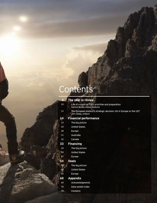 Section heading
3Beyond borders Biotechnology Industry Report 2015
Contents
4 The year in review
10 Life of a start-up CEO: priorities and preparation
Katrine Bosley, Editas Medicine
12 The European biotech’s strategic decision: list in Europe or the US?
Jörn Aldag, uniQure
14 Financial performance
15 The big picture
20 United States
28 Europe
31 Australia
32 Canada
33 Financing
34 The big picture
39 United States
47 Europe
54 Deals
55 The big picture
63 United States
65 Europe
68 Appendix
69 Acknowledgments
70 Data exhibit index
72 Contacts
 