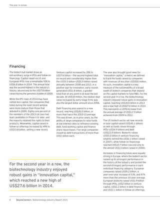 8 Beyond borders Biotechnology Industry Report 2015
Financing
The biotech bull market drove an
extraordinary surge in IPOs and follow-on
financings. Capital raised via US and
European IPOs rose a remarkable 93% to
US$6.8 billion in 2014. This annual total
was the second-highest in the industry’s
history, second only to the US$7.8 billion
raised during the genomics bubble of 2000.
While the IPO class of 2014 may have
netted less capital, the companies that
listed during the most recent window
were more mature than those that
debuted in 2000. Eighty-one percent of
the members of the 2013-14 class had
lead candidates in Phase II or later, and
the majority retained the rights to their
products. Meanwhile, capital raised in
follow-on offerings increased by 49% to
US$13.8 billion, setting a new record.
Venture capital increased by 28% to
US$7.6 billion — the second-highest total
on record and considerably higher than
the US$5.5 billion–US$5.9 billion raised
annually between 2008 and 2013. In a
positive sign for innovation, early rounds
generated US$1.8 billion, a greater
total than at any point in at least the last
decade. At US$10 million, the median deal
value recouped by early-stage firms was
also the largest dollar amount since 2006.
Debt financing also soared to a new
record, reaching US$26.0 billion, or
more than twice the 2003-13 average.
This was driven, as in prior years, by the
ability of large companies to raise funds
at low interest rates to refinance existing
debt, fund working capital and finance
share repurchases. Five large companies
closed six debt transactions of more than
US$1 billion each.
The year also brought good news for
“innovation capital,” a metric we defined
to track the funds raised by companies
with revenues of less than US$500 million.
As such, innovation capital is a key
measure of the sustainability of a broad
swath of biotech companies that depend
on the capital markets to fund R&D. For the
second year in a row, the biotechnology
industry enjoyed robust gains in innovation
capital, reaching US$18.6 billion in 2013
and a new high of US$27.6 billion in 2014.
This represents a 120% increase from
the annual average of US$12.5 billion
achieved from 2009 to 2012.
The US biotech sector set new records
in total capital raised (US$45.1 billion)
as well as funds raised through
IPOs (US$4.9 billion) and debt
(US$23.9 billion). Biotechs raised
US$5.6 billion in venture financing
(slightly behind the US$6.1 billion raised
in 2007), while follow-on financings
reached US$10.7 billion (second only to
the almost US$13 billion raised in 2000).
Increases in financing totals were equally
strong in Europe, where the biotech sector
racked up its strongest performance in
the history of the industry and posted the
second-strongest performance in each
individual financing category. European
companies raised US$9.2 billion, a
year-over-year increase of 53%, and 97%
more than the previous 10-year average.
European biotechs raised US$1.9 billion
through IPOs, US$2 billion in venture
capital, US$2.2 billion in debt financing
and US$3.1 billion in follow-on offerings.
For the second year in a row, the
biotechnology industry enjoyed
robust gains in “innovation capital,”
which reached a new high of
US$27.6 billion in 2014.
The year in review
 