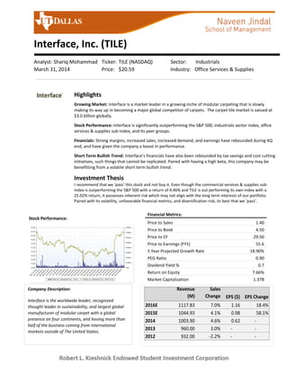 Interface, Inc. (TILE)
Analyst: Shariq Mohammad Ticker: TILE (NASDAQ) Sector: Industrials
March 31, 2014 Price: $20.59 Industry: Office Services & Supplies
Stock Performance:
Financial Metrics:
Price to Sales 1.40
Price to Book 4.50
Price to CF 29.50
Price to Earnings (FY1) 55.6
5 Year Projected Growth Rate 18.90%
PEG Ratio 0.90
Dividend Yield % 0.7
Return on Equity 7.66%
Market Capitalization 1.37B
Revenue
(M)
Sales
Change EPS ($) EPS Change
2016E 1117.83 7.0% 1.16 18.4%
2015E 1044.93 4.1% 0.98 58.1%
2014 1003.90 4.6% 0.62 -
2013 960.00 3.0% - -
2012 932.00 -2.2% - -
Company Description:
Interface is the worldwide leader, recognized
thought leader in sustainability, and largest global
manufacturer of modular carpet with a global
presence on four continents, and having more than
half of the business coming from international
markets outside of The United States.
Highlights
Growing Market: Interface is a market leader in a growing niche of modular carpeting that is slowly
making its way up in becoming a major global competitor of carpets. The carpet tile market is valued at
$3.0 billion globally.
Stock Performance: Interface is significantly outperforming the S&P 500, industrials sector index, office
services & supplies sub-index, and its peer groups.
Financials: Strong margins, increased sales, increased demand, and earnings have rebounded during 4Q
end, and have given the company a boost in performance.
Short Term Bullish Trend: Interface’s financials have also been rebounded by tax savings and cost cutting
initiatives, such things that cannot be replicated. Paired with having a high beta, this company may be
benefitting from a volatile short term bullish trend.
Investment Thesis
I recommend that we ‘pass’ this stock and not buy it. Even though the commercial services & supplies sub-
index is outperforming the S&P 500 with a return of 4.46% and TILE is out performing its own index with a
25.02% return, it possesses inherent risk which may not align with the long term interests of our portfolio.
Paired with its volatility, unfavorable financial metrics, and diversification risk, its best that we ‘pass’.
 