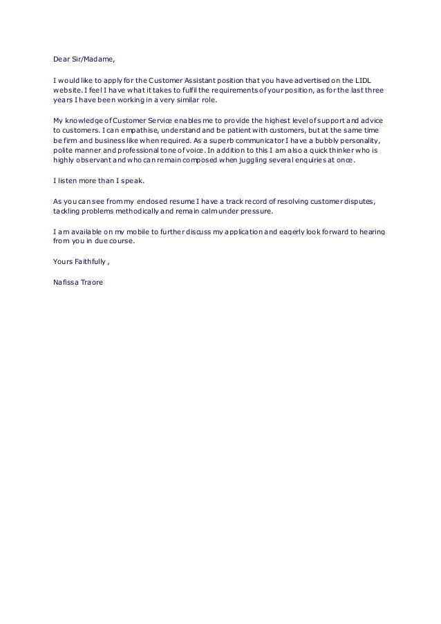 cover letter template for customer assistant