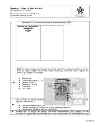 FORMATO GUÍAS DE APRENDIZAJE
F08-9543-004 / 07 - 10 Versión 3

Proceso: Ejecución de la Formación Profesional
Procedimiento: Desarrollo Curricular




                  elemento. Con los datos investigados, llene la siguiente tabla:

          Nombre del componente
              Descripción
                 Imagen




         Elabore un documento en donde indique que tipo de instrumento muestra la imagen, su función,
         como se utiliza (medición de corriente, voltaje, resistencia, continuidad, etc.) y explique los
         términos que en esta se encuentran.


            •    Alimentación
            •    Corriente eléctrica (AC y DC)
4.10        •    Tensión (AC y DC)
            •    Resistencia Eléctrica
            •    Continuidad
            •    Polo a tierra




        Con su equipo de trabajo construya un foro relacionado con Trabajo Colaborativo y siga las
        siguientes instrucciones.
 4.6        •    Liste las características del Foro.
            •    Organice y participe en un foro sobre el tema “Trabajo Colaborativo”.
            •    Establezca las normas de participación en el foro.
 4.7 Elabore con su equipo de trabajo una ficha antropométrica que cumpla con las
     características generales la cual deben aplicar de manera individual, deben utilizar la hoja


                                                                                                    Página 5 de 7
 