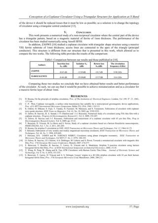 Conception of a Coplanar Circulator Using a Triangular Structure for Application at X-Band
www.iosrjournals.org 37 | Page
of the device it should be reduced losses that it must be low as possible; as a solution is to change the topology
of circulator using a triangular central conductor [13].
V. CONCLUSION
This work presents a numerical study of a non-reciprocal circulator where the central part of the device
has a triangular pattern, based on a magnetic material of ferrite of 1mm thickness. The performance of the
circulator has been studied numerically using Ansoft HFSS.
In addition, ZAHWE [10] studied a coplanar circulator with triangular shape structure using a massive
YIG ferrite substrate of 1mm thickness; access lines are connected to the apex of the triangle (principal
conductor). This structure is different from our structure that is presented in this work, which allowed us to
compare the two works. The following table provides the results of the comparison:
Table1: Comparison between our results and those published in [10].
Authors
Insertion loss
S21 (dB)
Isolation S31
(dB)
Return loss
S11(dB)
The circulation
frequency (GHz)
ZAHWE
-0.65 dB -15.03dB -18.5 dB 9.98 GHz
El-BOUSLEMTI
-0.46 dB -29.88dB -33.57dB 10.6 GHz
Comparing these two studies we conclude that we have obtained better results and better performance
of the circulator. As such, we can say that it would be possible to achieve miniaturization and as a circulator for
a massive ferrite layer of about 1mm.
REFERENCES
[1] H. Bosma, On the principle of stripline circulation, Proc. of The Institution of Electrical Engineers, London, Vol. 109, No
. 21, 1962,
‎137-146.
[2] C. P. Wen, Coplanar waveguide, a surface strip transmission line suitable for a nonreciprocal gyromagnetic device applications,
Proc. of G-MTT International Microwave Symposium, Dallas TX, USA, 1969, 110-115.
[3] K. Oshiro, H. Mikami, S. Fujii, T. Tanaka, H. Fujimori, M. Matsuura, and S. Yamamoto, Fabrication of circulator with coplanar
wave guide structure, IEEE Trans on Magnetics, Vol. 41, No. 10, 2005, pp. 3550-3552.
[4] O. Zahwe, B. Sauviac, B. A. Samad, J. P. Chatelon and J.-J. Rousseau, Numerical study of a circulator using YIG thin film with a
coplanar structure, Progress In Electromagnetics Research C, Vol. 6, 2009, 193-207.
[5] O. Zahwe, B. Sauviac and J.-J. Rousseau, Fabrication and measerment of a coplanar circulator with 65 µm thin film, Prog in
Electromagnetics Research Letters, Vol. 8, 2009, pp. 35-41.
[6] T. Boyajian, D. Vincent, M. Le Berre and S. Neveu, Study of a coplanar circulator based on a barium Hexaferrite nanocomposite,
PIERS ONLINE, Vol. 7, No. 3, 2011, 201-205.
[7] H. Bosma, On stripline Y-circulation at UHF, IEEE Transaction on Microwave Theory and Techniques, Vol. 12, 1964, 61-72.
[8] J. Helszain, Fabrication of very weakly and weakly magnetized microstrip circulators, IEEE Transaction on Microwave Theory and
Techniques, Vol. 46, No. 5, 1998, 439-449.
[9] J. Helszain, D.S. JAMES and W. TERENCE NISBET, Circulators using planar triangular resonators, IEEE Transaction on
Microwave Theory and Techniques, Vol MTT-27, No. 2, 1979, 188-193.
[10] O. Zahwe, B. Sauviac, J.P. Chtelon, A-S. Dehlinger, M. Leberre and S. Perrot, Towards a miniaturized circulator with magnetic thin
film, Proc. 37th European Microwave Conference, Munich, 2007, 274-277.
[11] E. Benevent, T. Rouiller, B. Sauviac, V. Larrey, D. Vincent and A. Madelaine, Stripline Y-junction circulator using barium
hexagonal ferrite thin films, Proc. of IEEE International Symposium on Industrial Electronics, 2004, 15-18.
[12] Y. Wang, B. Peng, W. Zhang and K. Tan, CPW Circulators with Barium Ferrite Thin Films, Journal of Electronic Science and
Technology, Vol. 8, No. 4, 2010, 351-355.
[13] E. Benevent, V. Larrey, D. Vincent and A. S. Delinger, Losses’ origins in a 40 GHz stripline circulator with 10 μm thick barium
hexagonal ferrite films, Proc. 37th European Microwave Conf, Manchester, 2006, 208-211.
 