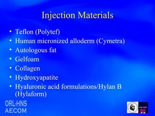 Injection Materials Teflon (Polytef) Human micronized alloderm (Cymetra) Autologous fat Gelfoam Collagen Hydroxyapatite Hyaluronic acid formulations/Hylan B (Hylaform) 