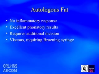 Autologous Fat No inflammatory response Excellent phonatory results Requires additional incision Viscous, requiring Bruening syringe 