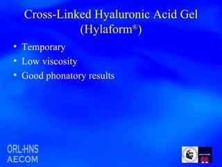 Cross-Linked Hyaluronic Acid Gel (Hylaform ® ) Temporary Low viscosity Good phonatory results 
