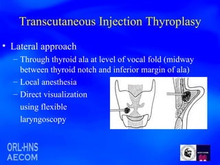 Transcutaneous Injection Thyroplasy Lateral approach Through thyroid ala at level of vocal fold (midway between thyroid notch and inferior margin of ala) Local anesthesia Direct visualization using flexible laryngoscopy 
