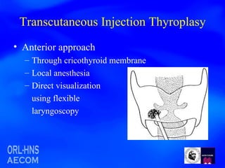 Transcutaneous Injection Thyroplasy Anterior approach  Through cricothyroid membrane Local anesthesia Direct visualization using flexible laryngoscopy 