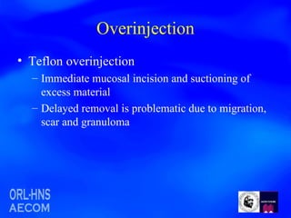 Overinjection Teflon overinjection Immediate mucosal incision and suctioning of excess material Delayed removal is problematic due to migration, scar and granuloma 