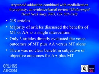 Arytenoid adduction combined with medialization thyroplasty: an evidence-based review ( Otolaryngol Head Neck Surg 2003;129:305-310) 219 articles Majority of articles discussed the benefits of MT or AA as a single intervention  Only 3 articles directly evaluated the voice outcomes of MT plus AA versus MT alone There was no clear benefit in subjective or objective outcomes for AA plus MT  