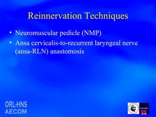 Reinnervation Techniques Neuromuscular pedicle (NMP) Ansa cervicalis-to-recurrent laryngeal nerve (ansa-RLN) anastomosis 