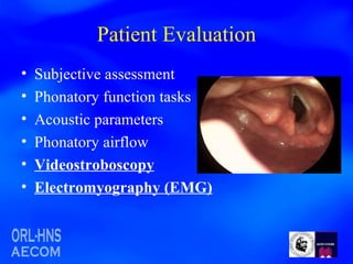 Patient Evaluation Subjective assessment Phonatory function tasks Acoustic parameters Phonatory airflow Videostroboscopy Electromyography (EMG) 