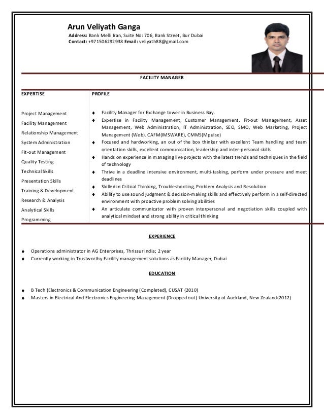 Resume Facility Manager Arun Veliyath Ganga Address Bank Melli Iran Suite No 706 Resume Facility Manager Arun Veliyath Ganga Address Bank Melli Iran Suite No 706